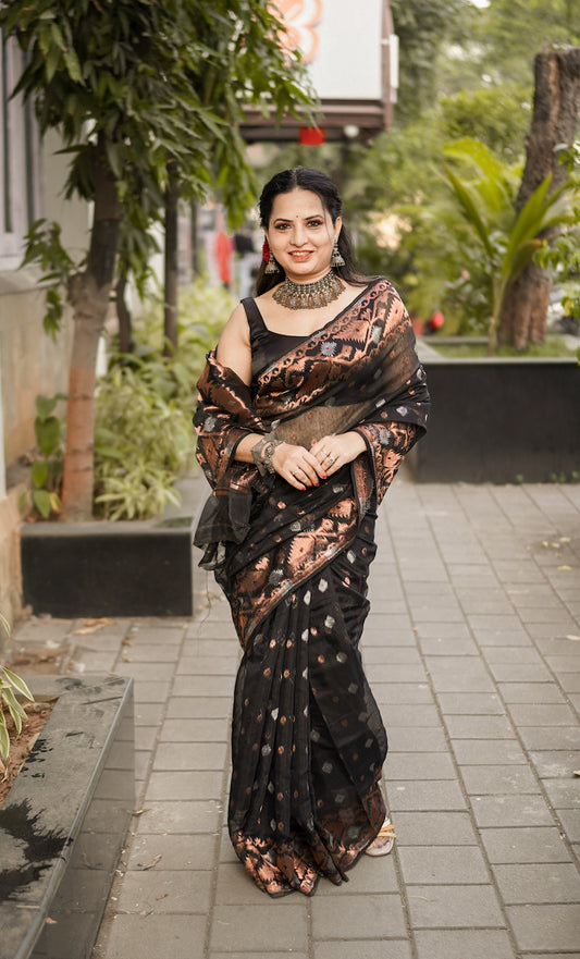 Black & Copper Silk Cotton Jamdani Saree