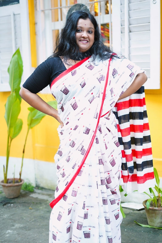 White Printed Mul Cotton Saree