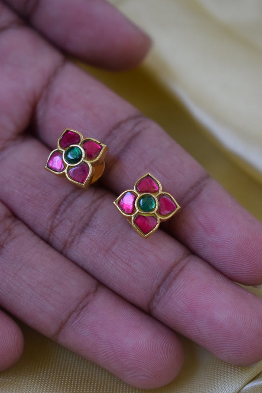 Pink Flower - Desinger Matt Brass Finish Earrings