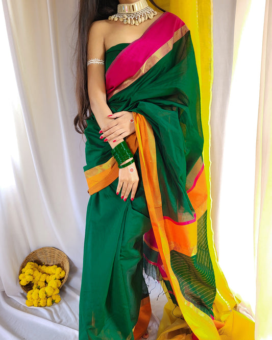 Leaf Green Maheshwari Silk Cotton Saree