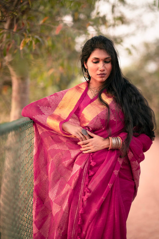 Rani Pink Linen Jamdani Saree