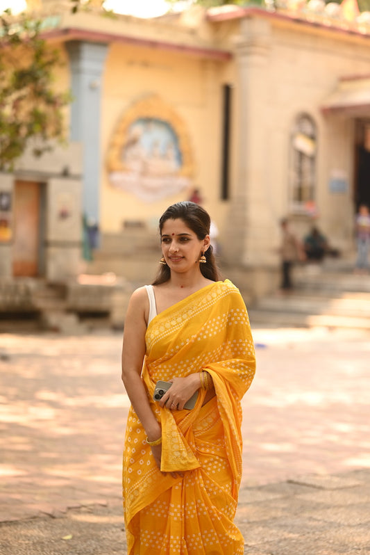 Yellow Printed Mul Cotton Saree