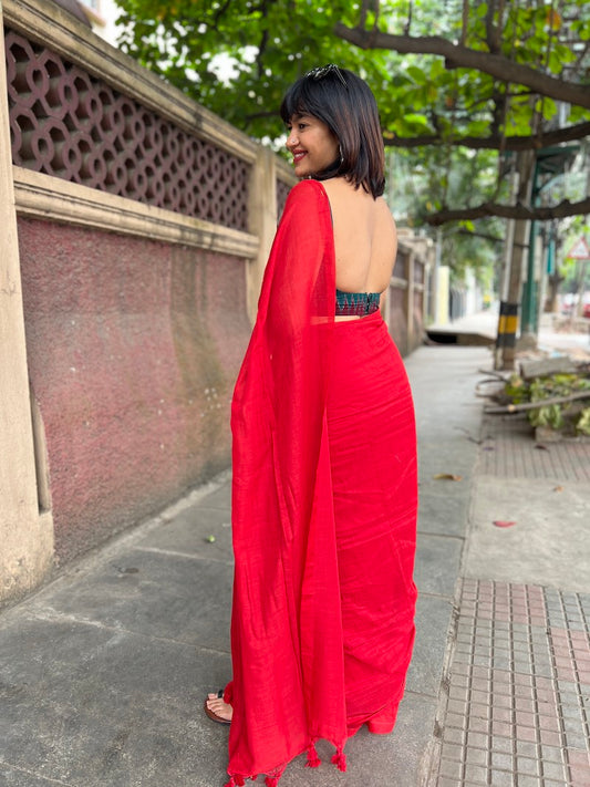 Red Plain Cotton Saree