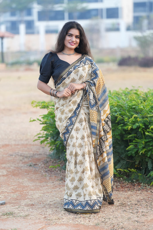 Off White Chanderi Cotton Silk Saree