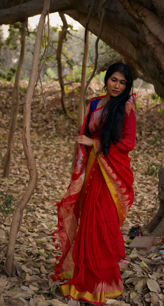 Red Linen Jamdani Saree