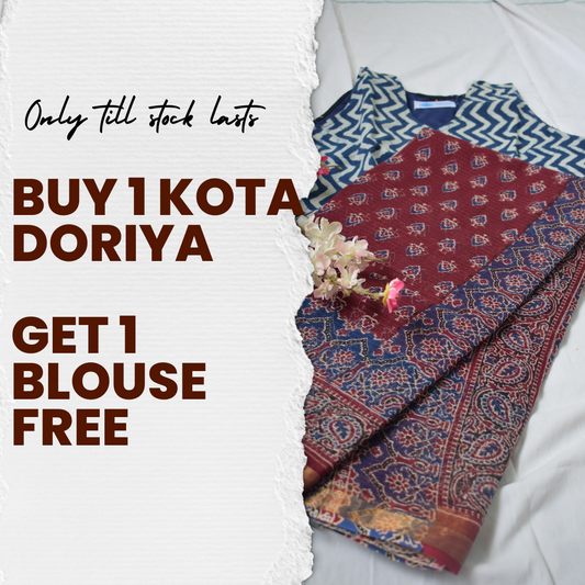 Lasya - Buy Ajrakh Kota Doriya Saree  & Get Cotton Block Printed Blouse Free