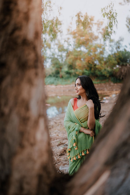 Green Mul Cotton Saree with tassels