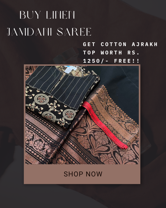 Krsna- Buy Linen jamdani Saree & Get Cotton Ajrakh Top Free