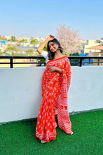 Load image into Gallery viewer, Orange Printed Mul Cotton Saree
