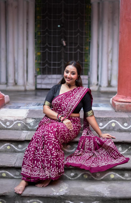 Burgandy Printed Mul Cotton Saree