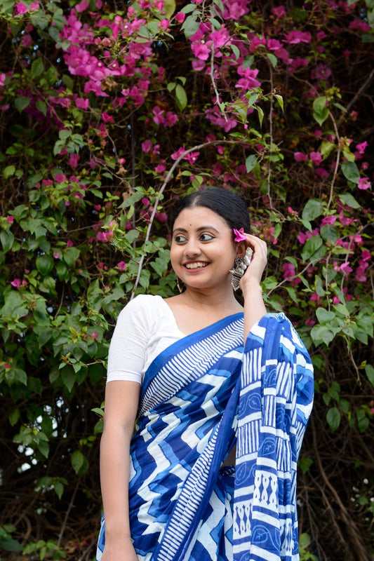 Indigo Printed Mul Cotton Saree