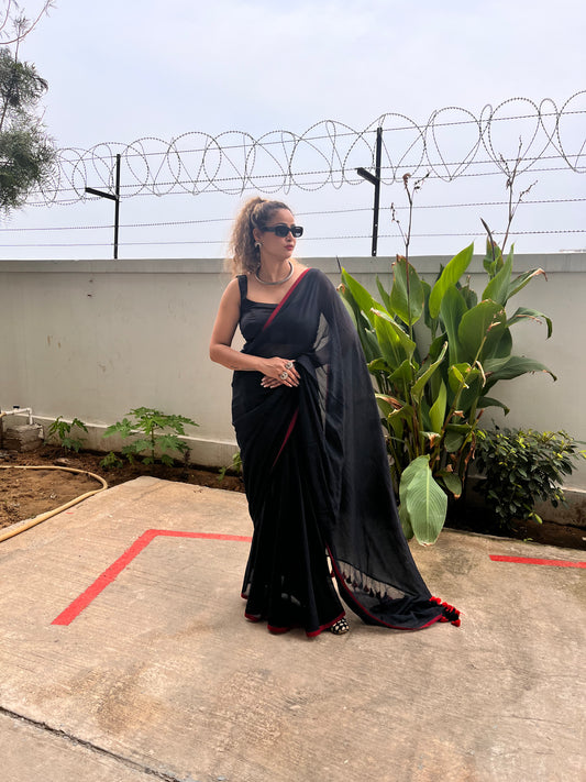 Black Mul Cotton Saree with tassels