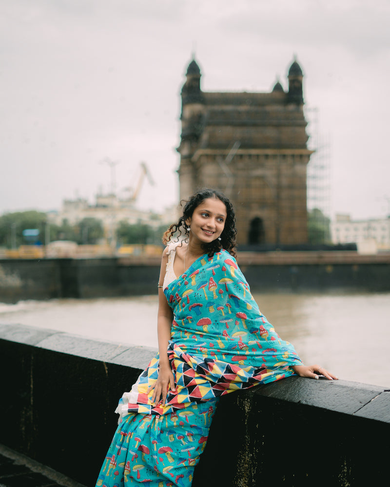 Turquoise Printed Mul Cotton Saree