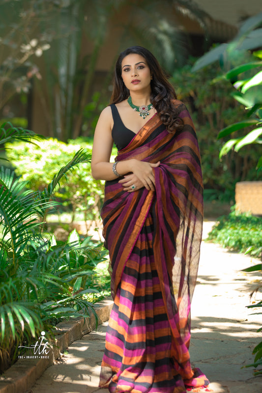 Black Striped Linen Saree