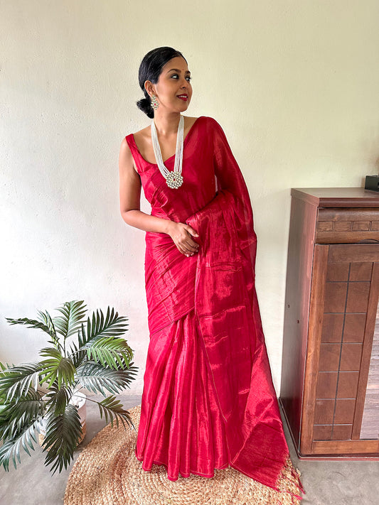 Red Tissue Cotton Saree