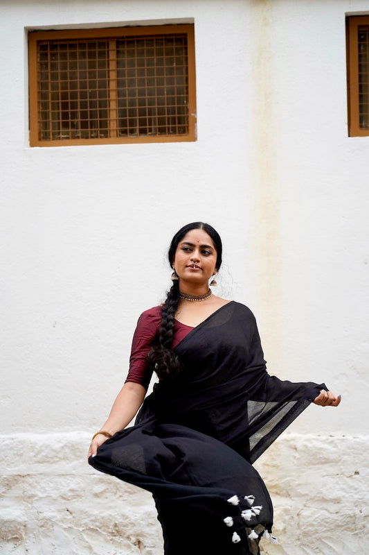 Black Plain Cotton Saree