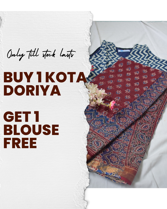 Lasya - Buy Ajrakh Kota Doriya Saree  & Get Cotton Block Printed Blouse Free