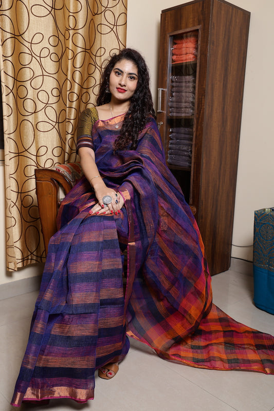 Dark Blue Striped Linen Saree