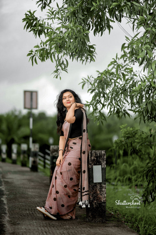 Mocha Polka Dots Mul Cotton Saree with tassels