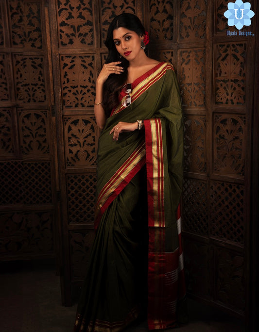 Military Green Cotton Silk Ilkal Saree