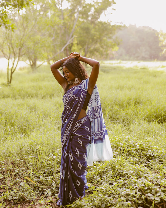 Indigo Printed Mul Cotton Saree