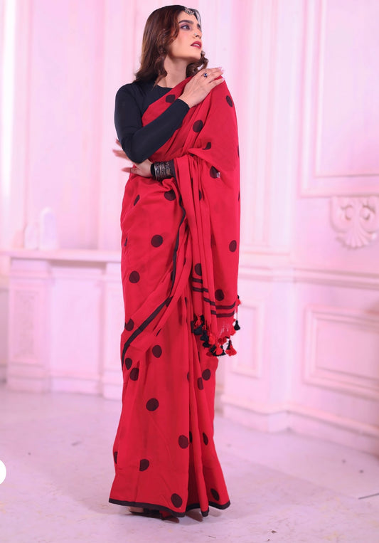 Red Polka Dots Mul Cotton Saree with tassels