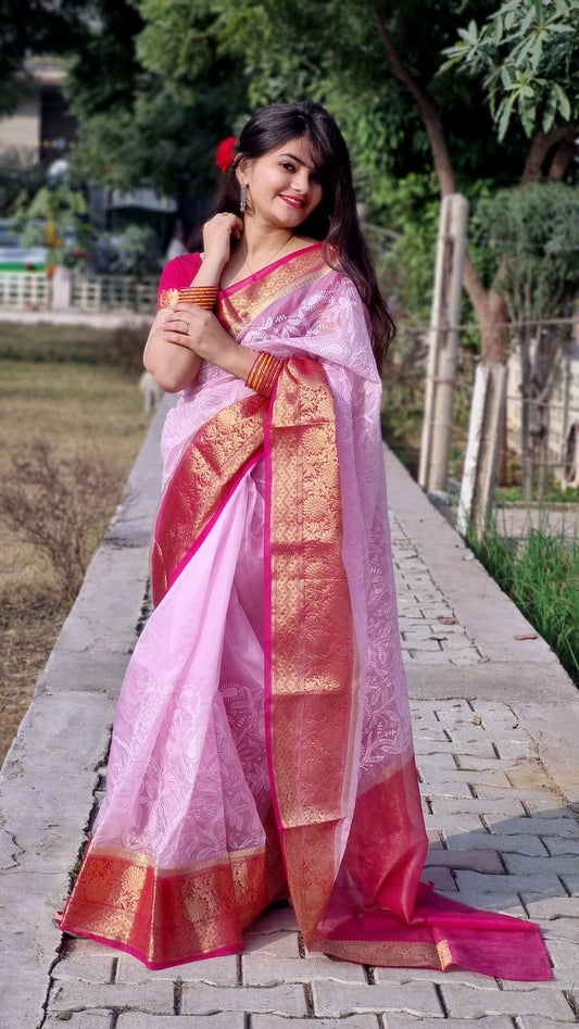 Baby Pink Semi Organza Chikankari Benarasi Saree