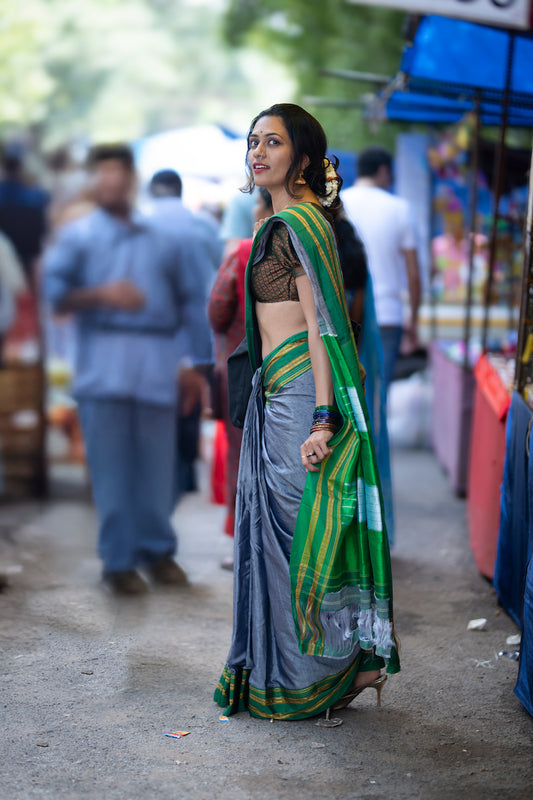 Grey Ilkal Viscose Saree with Gayathri Border