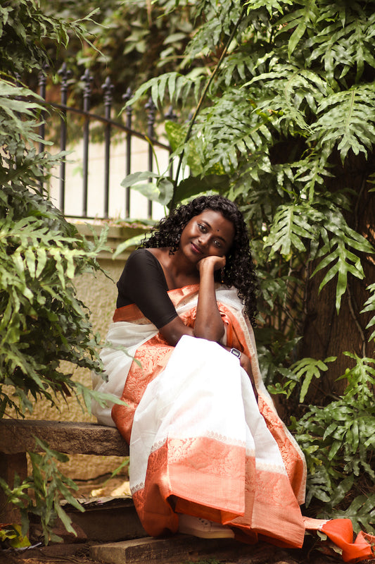 White Benarasi Linen Silk Saree