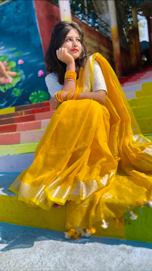 Yellow Linen Saree