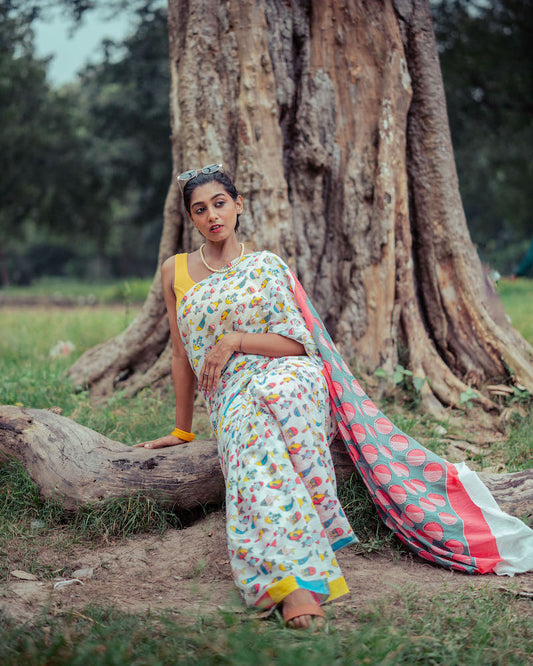 White Printed Mul Cotton Saree