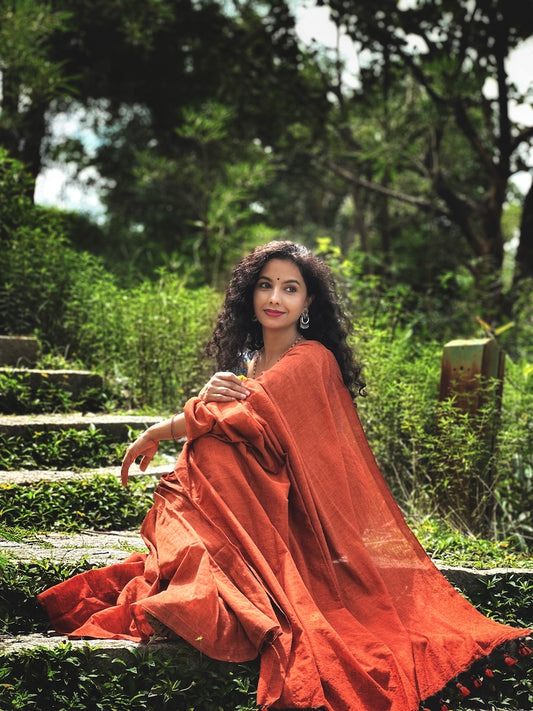 Rust Orange Plain Cotton Saree