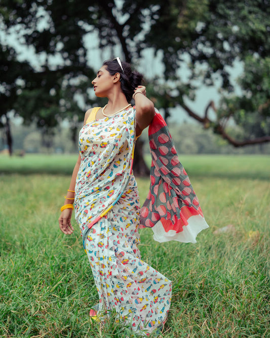 White Printed Mul Cotton Saree