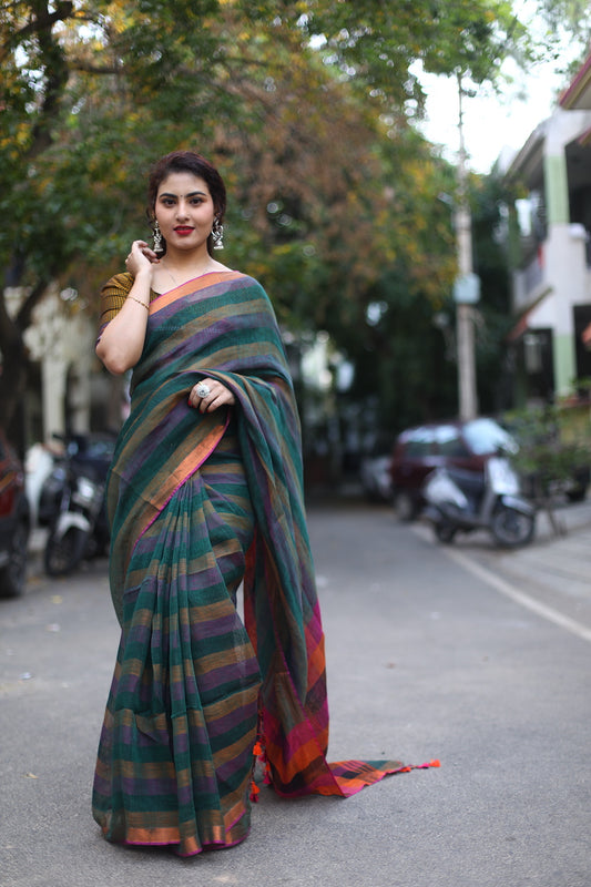 Dark Green Striped Linen Saree