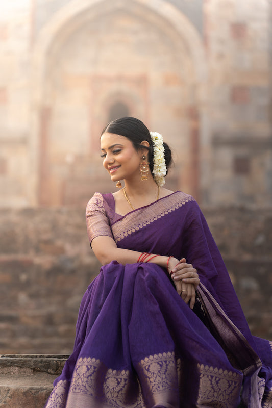 Purple Benarasi Linen Silk Saree