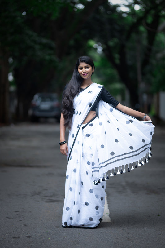 White Polka Dots Mul Cotton Saree with tassels