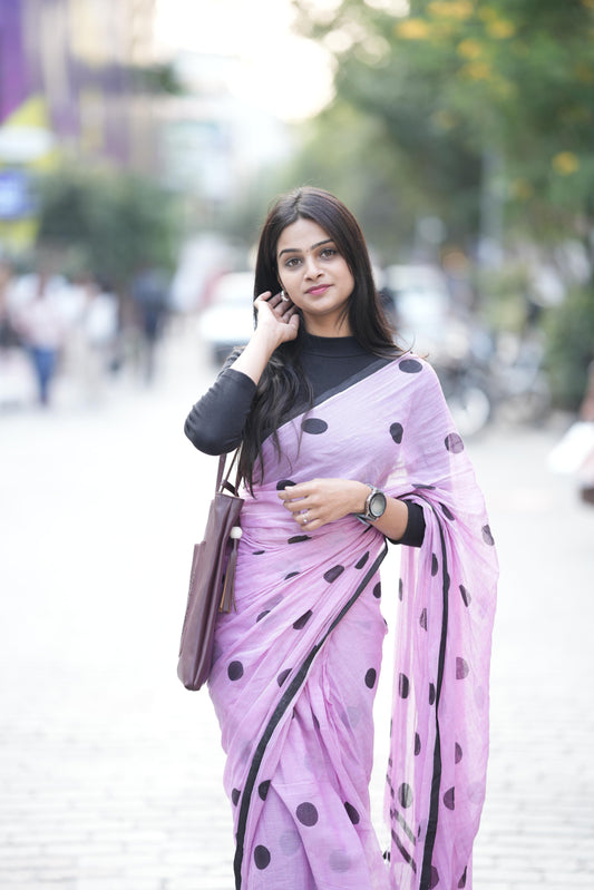 Mauve Polka Dots Mul Cotton Saree with tassels