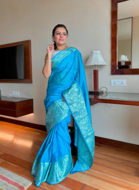 Olympic Blue Benarasi Katan Warm Silk Saree