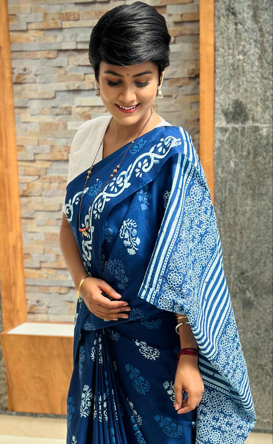 Indigo Printed Mul Cotton Saree