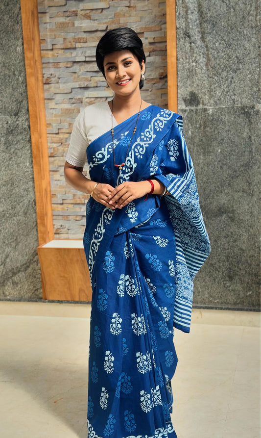 Indigo Printed Mul Cotton Saree