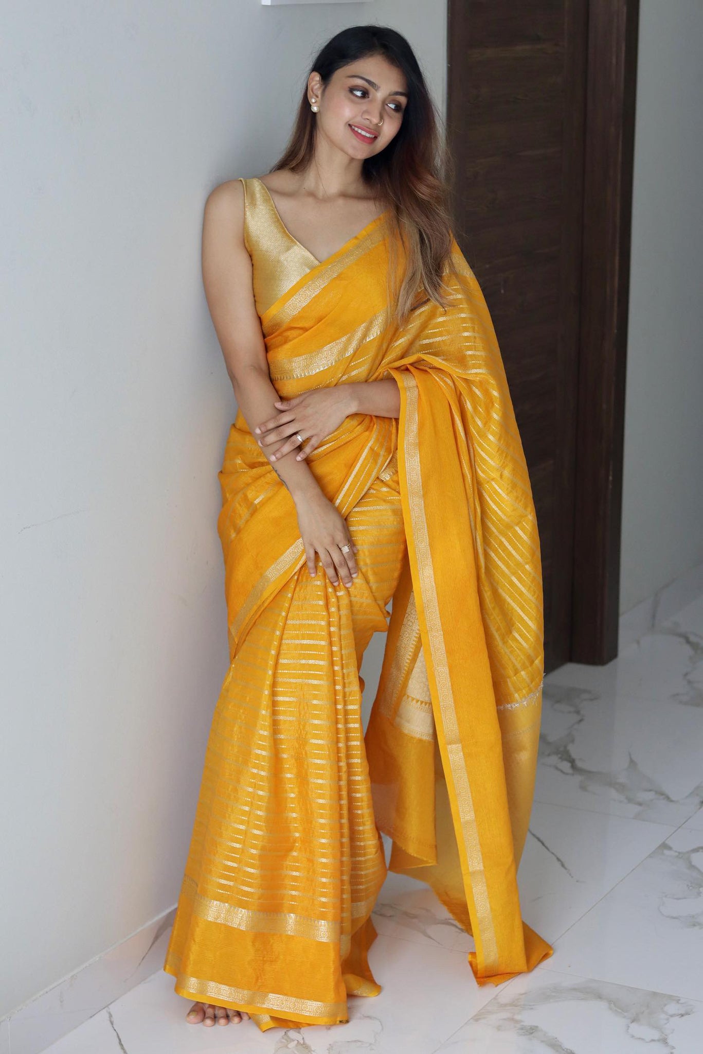 Buy Mango Yellow Silk Saree Golden Border Zari Work Online