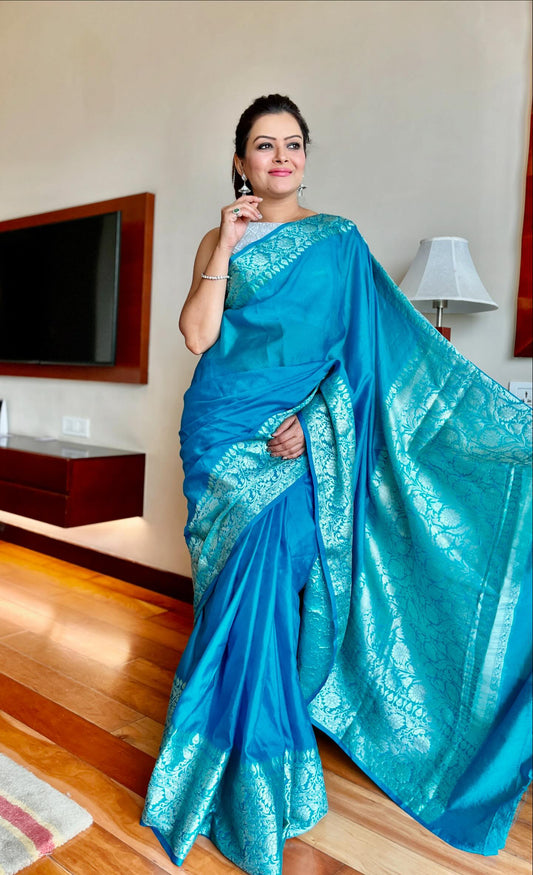 Olympic Blue Benarasi Katan Warm Silk Saree