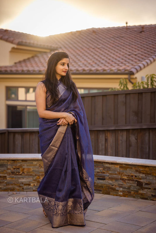 Blue Benarasi Silk Linen Saree