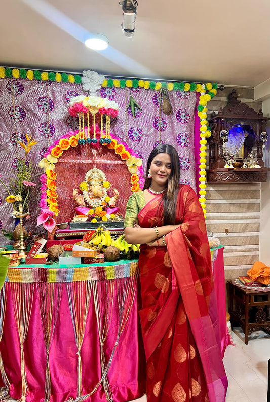 Red Kora Silk Benarasi Saree