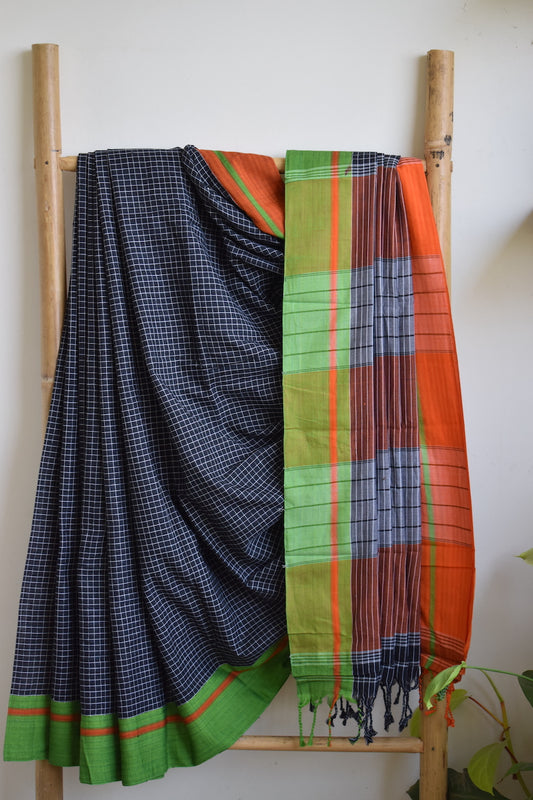 Black Pattada Anchu Cotton Saree with Orange & Green border