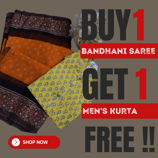 Haldi - Buy Ajrakh Bandhani Modal Silk Saree Get Men's Cotton Kurta Free