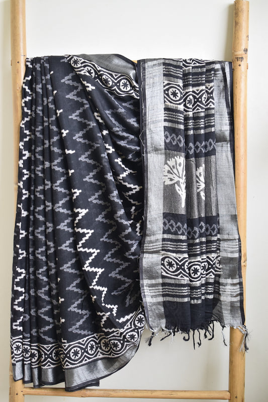 Black Printed Linen Cotton Saree