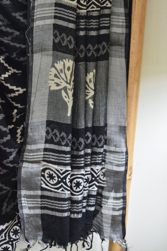 Black Printed Linen Cotton Saree