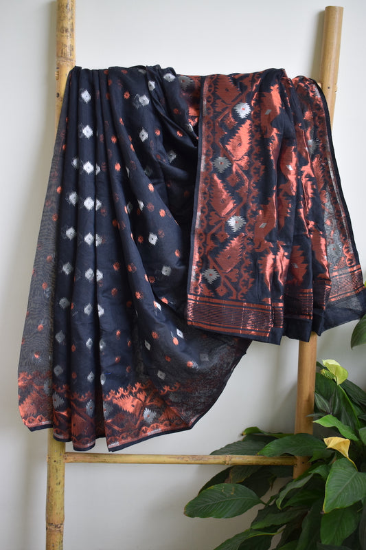 Black Silk Cotton Jamdani Saree