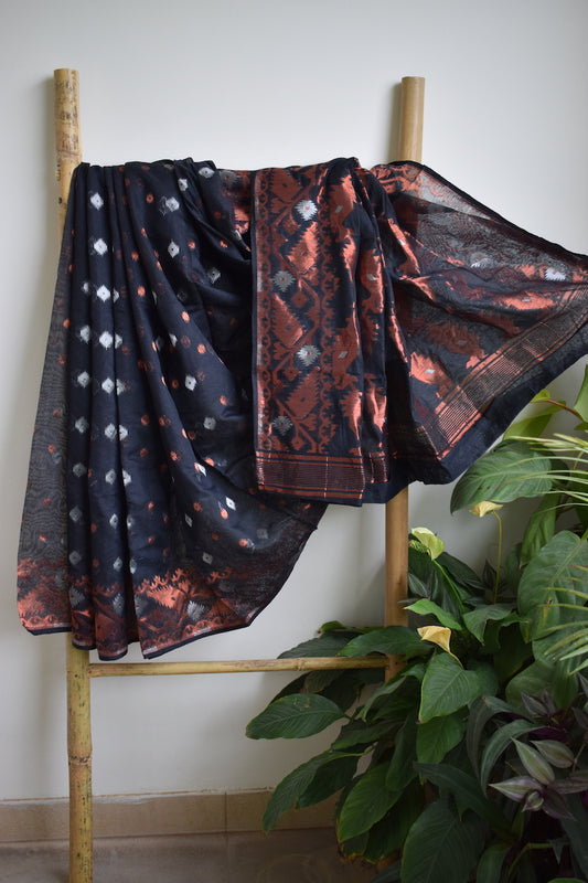 Black Silk Cotton Jamdani Saree